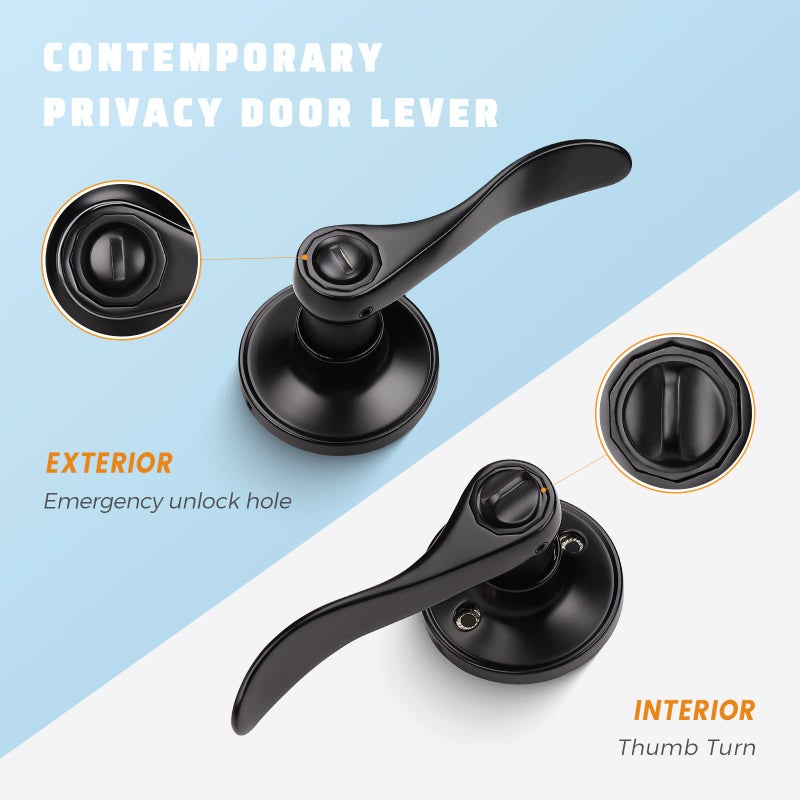 KNOBWELL 3 Pack Matte Black Privacy Door Levers Interior Door Handles for Bedroom/Bathroom, Black Door Knobs with Lock Reversible for Right/Left - Image 2